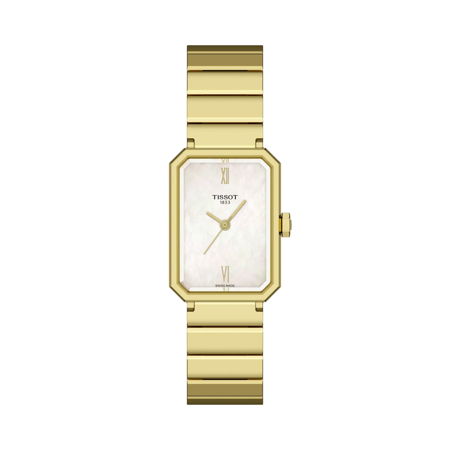 Tissot SRV with yellow gold PVD coated steel bracelet and white mother of pearl dial on a white background.