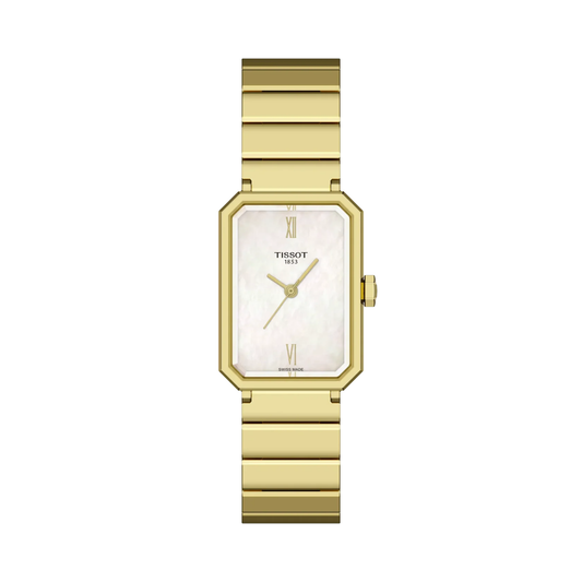 Tissot SRV with yellow gold PVD coated steel bracelet and white mother of pearl dial on a white background.