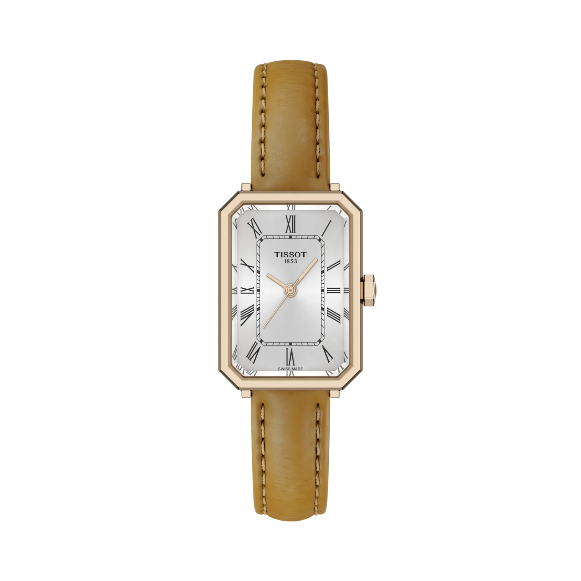 Tissot SRV with rose gold PVD case, brown leather strap and silver dial on a white background.