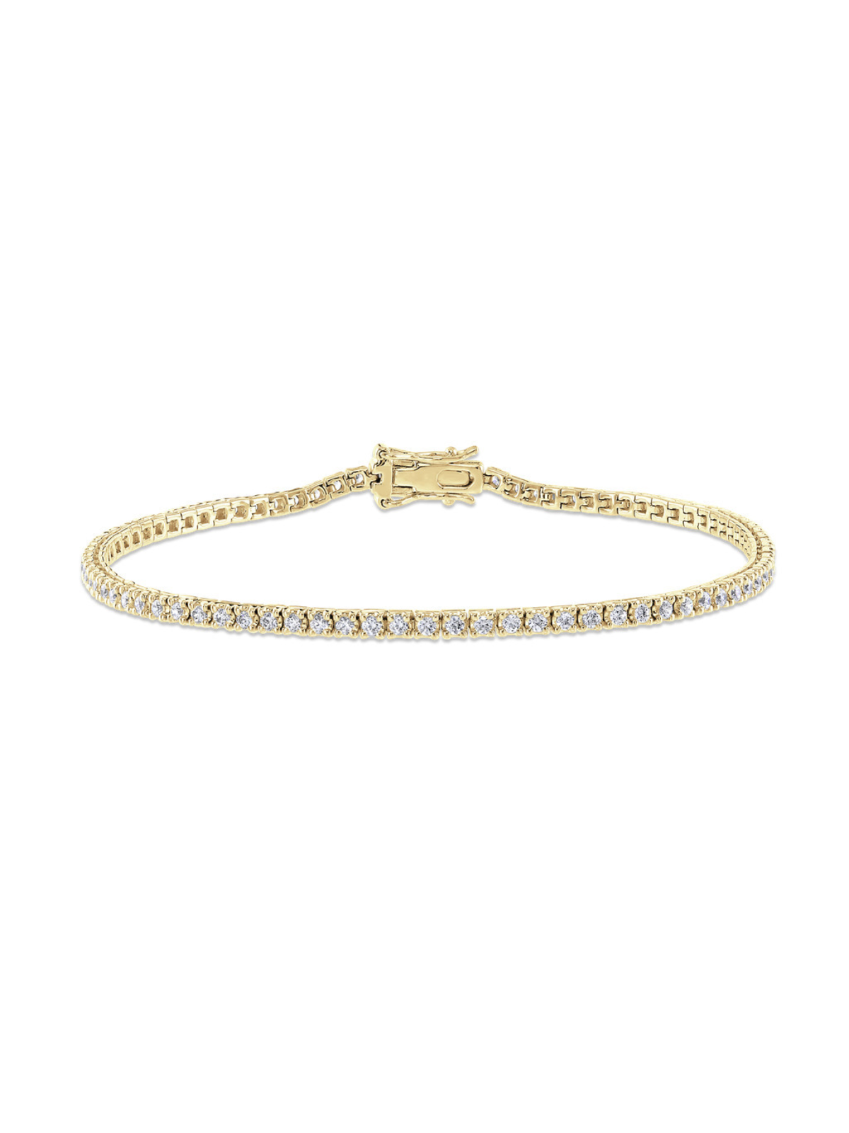 Yellow-gold diamond tennis bracelet on a white background.