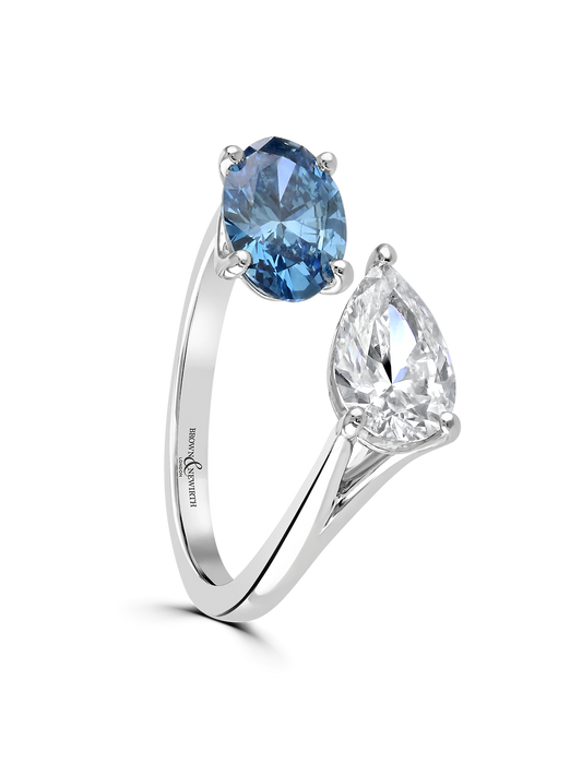 Toi et Moi Lab Grown Blue & White Diamond Two Stone Ring Oval & Pear Cut in Platinum