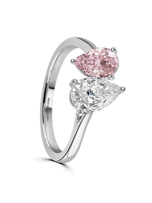 Toi et Moi Lab Grown Pink & White Diamond Two Stone Ring Pear Cut in Platinum