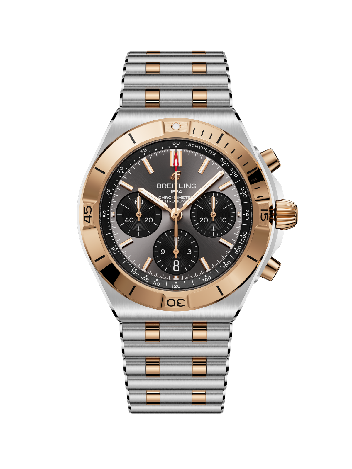 Breitling Chronomat B01 42 watch with a steel and rose-gold bracelet and grey dial on a white background.