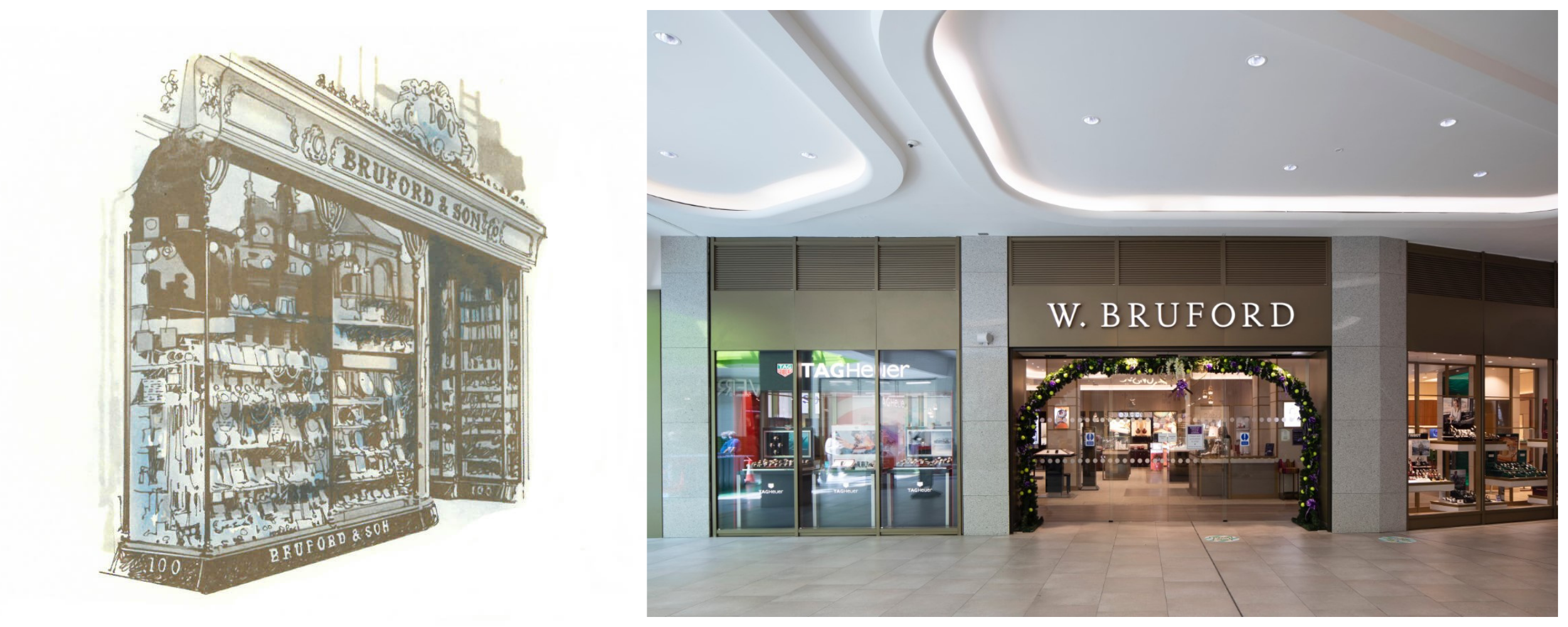 On the left is a black and white image of how Brufords Jewellers in Eastbourne looked in 1886. One the right is a colour image of what Brufords looks like in the present day. 