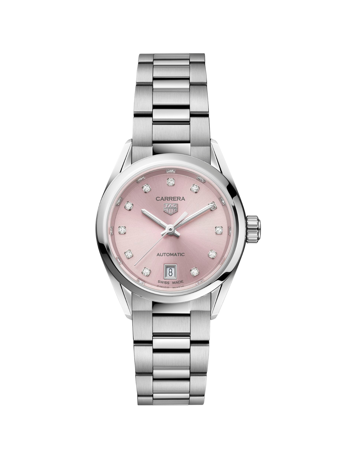 TAG Heuer Carrera Date with 29mm case, steel bracelet & pink, diamond-set dial on a white background.
