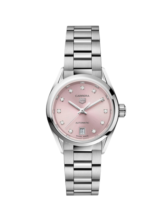 TAG Heuer Carrera Date with 29mm case, steel bracelet & pink, diamond-set dial on a white background.