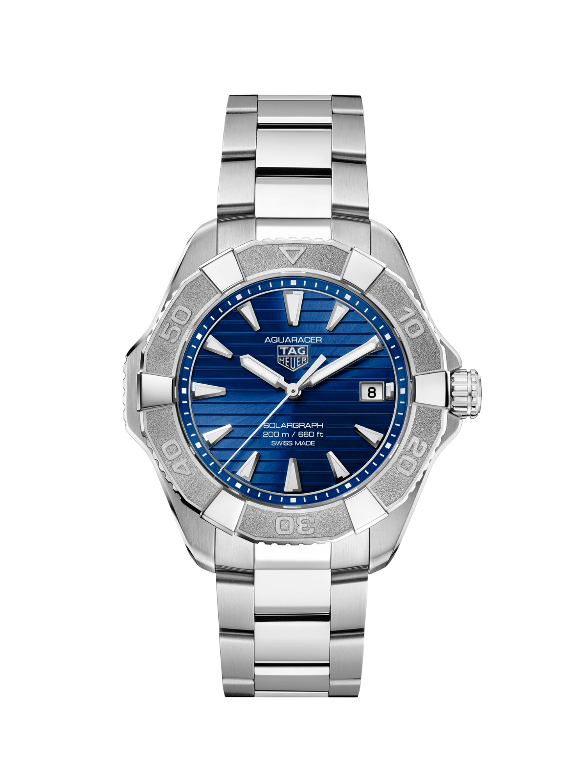 TAG Heuer Aquaracer with steel bracelet and blue dial on a white background.