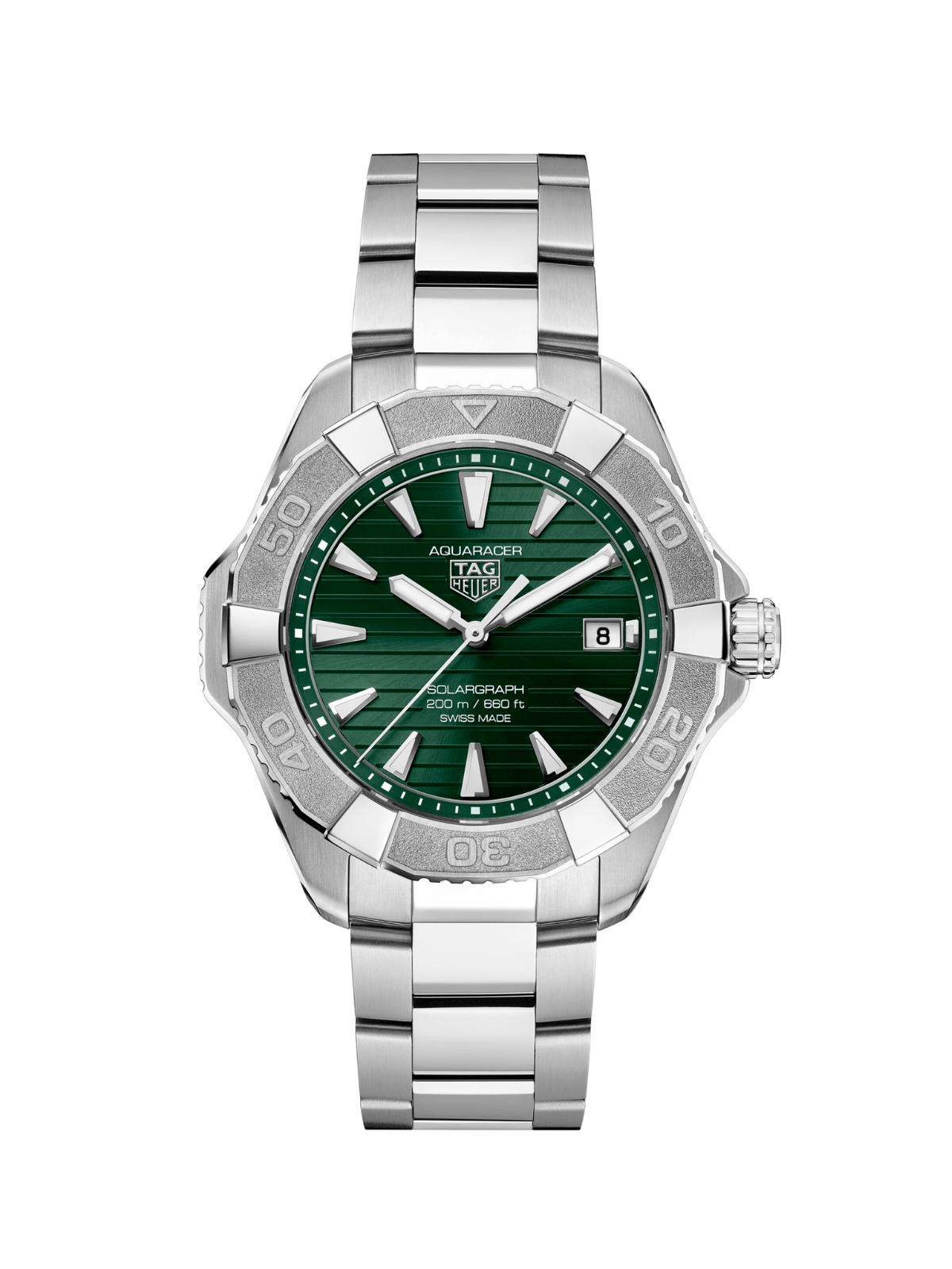 TAG Heuer Aquaracer with steel bracelet and green dial on a white background.