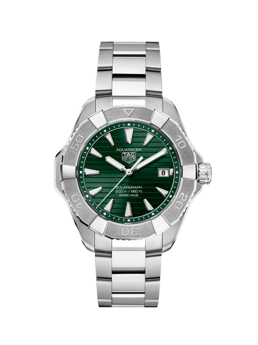 TAG Heuer Aquaracer with steel bracelet and green dial on a white background.