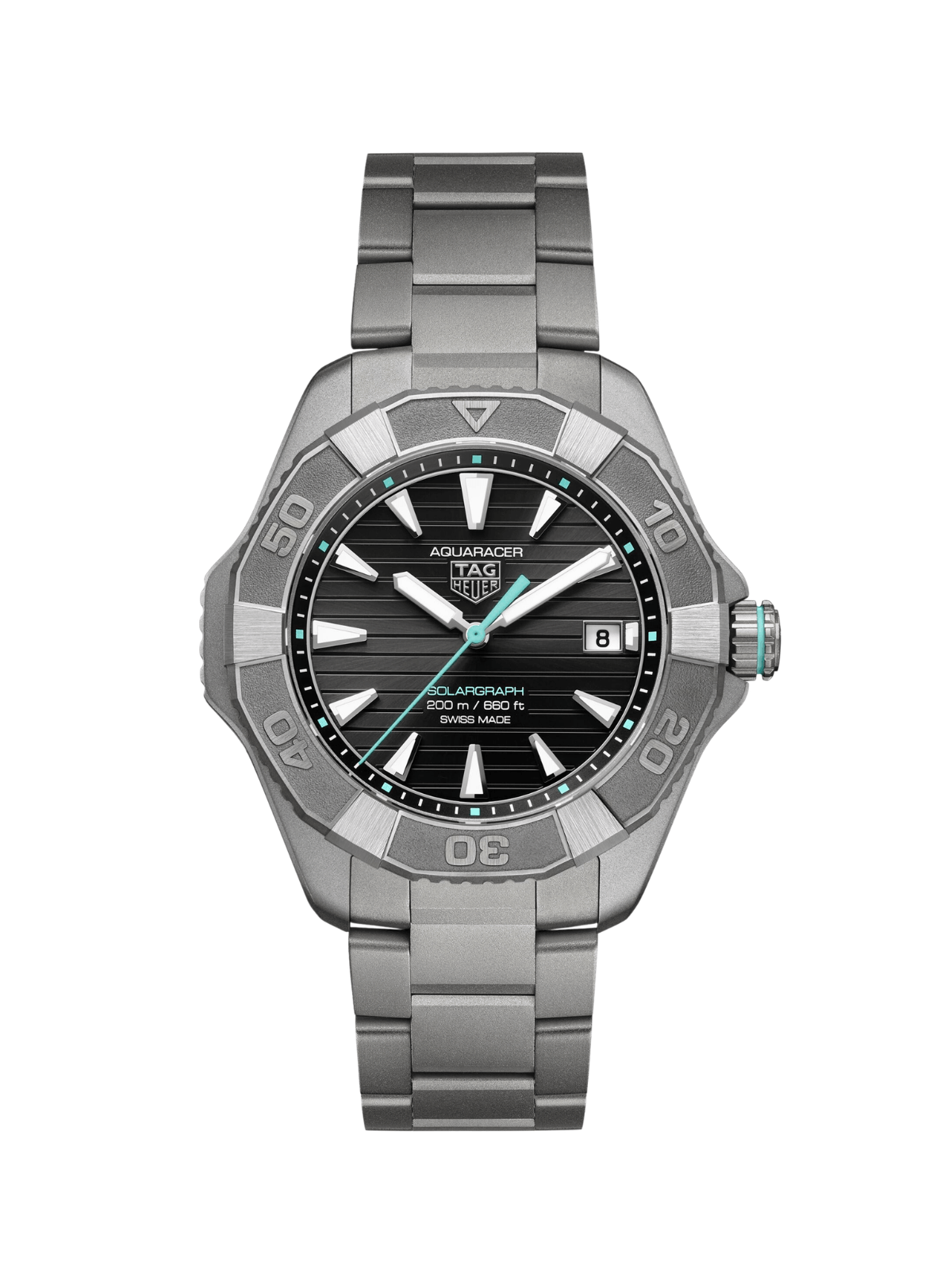 TAG Heuer Aquaracer with titanium bracelet and black dial on a white background.