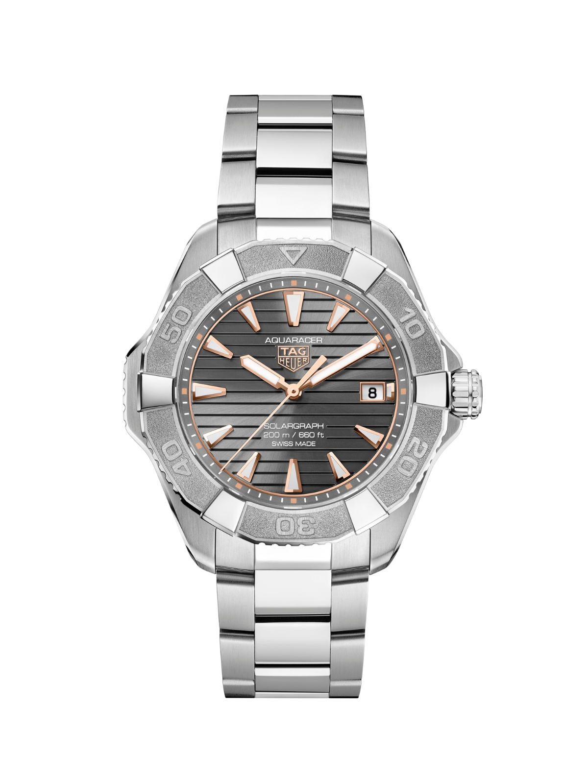 TAG Heuer Aquaracer with titanium bracelet and grey dial on a white background.