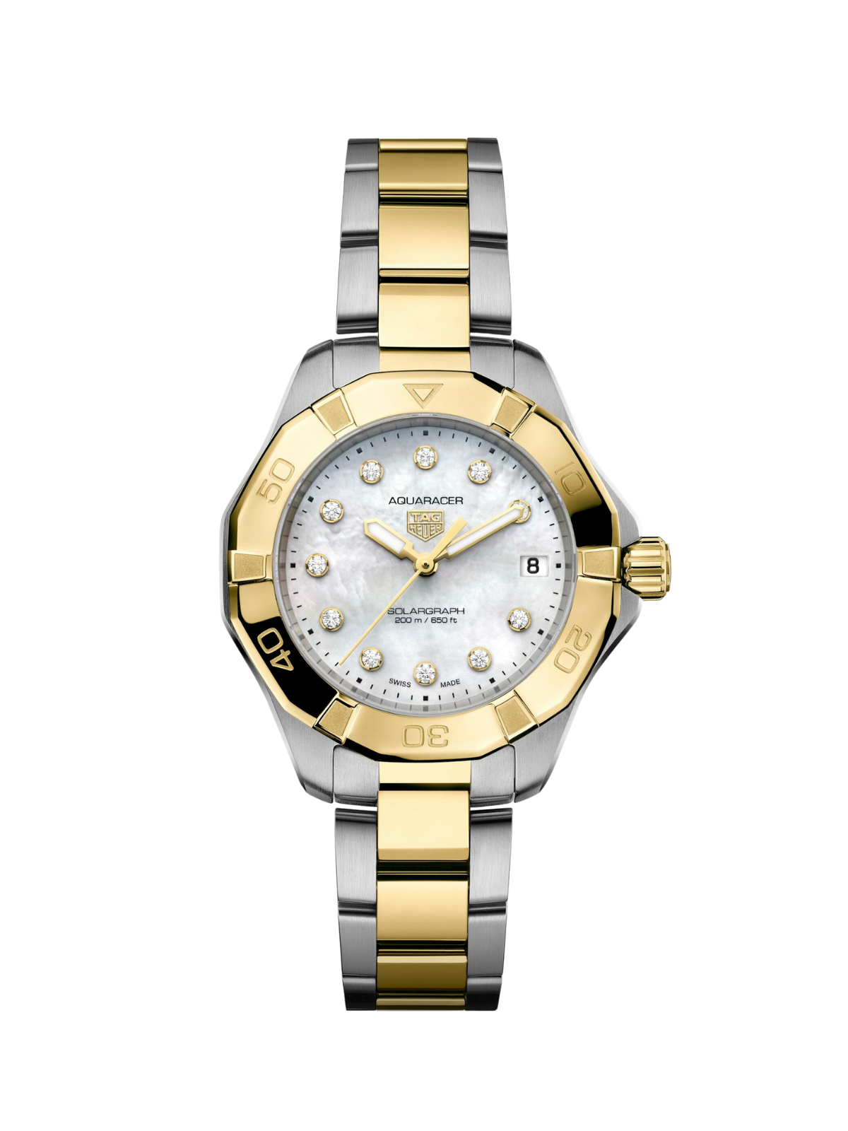 TAG Heuer Aquaracer with steel & yellow gold plated bracelet and mother of pearl, diamond-set dial on a white background.