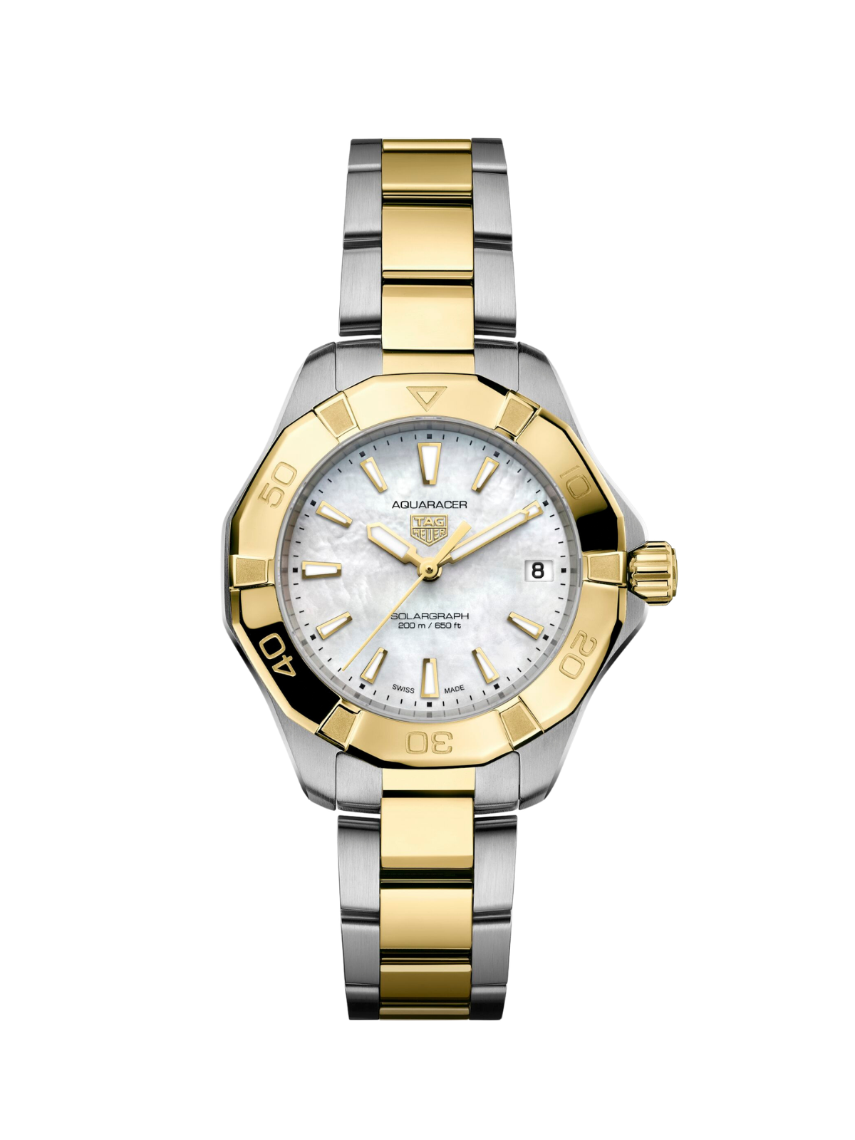 TAG Heuer Aquaracer Professional 200 Solargraph 34mm with steel & yellow gold plated bracelet and mother of pearl dial on a white background.