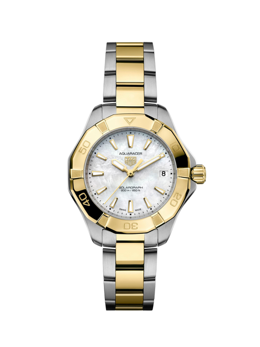 TAG Heuer Aquaracer Professional 200 Solargraph 34mm with steel & yellow gold plated bracelet and mother of pearl dial on a white background.