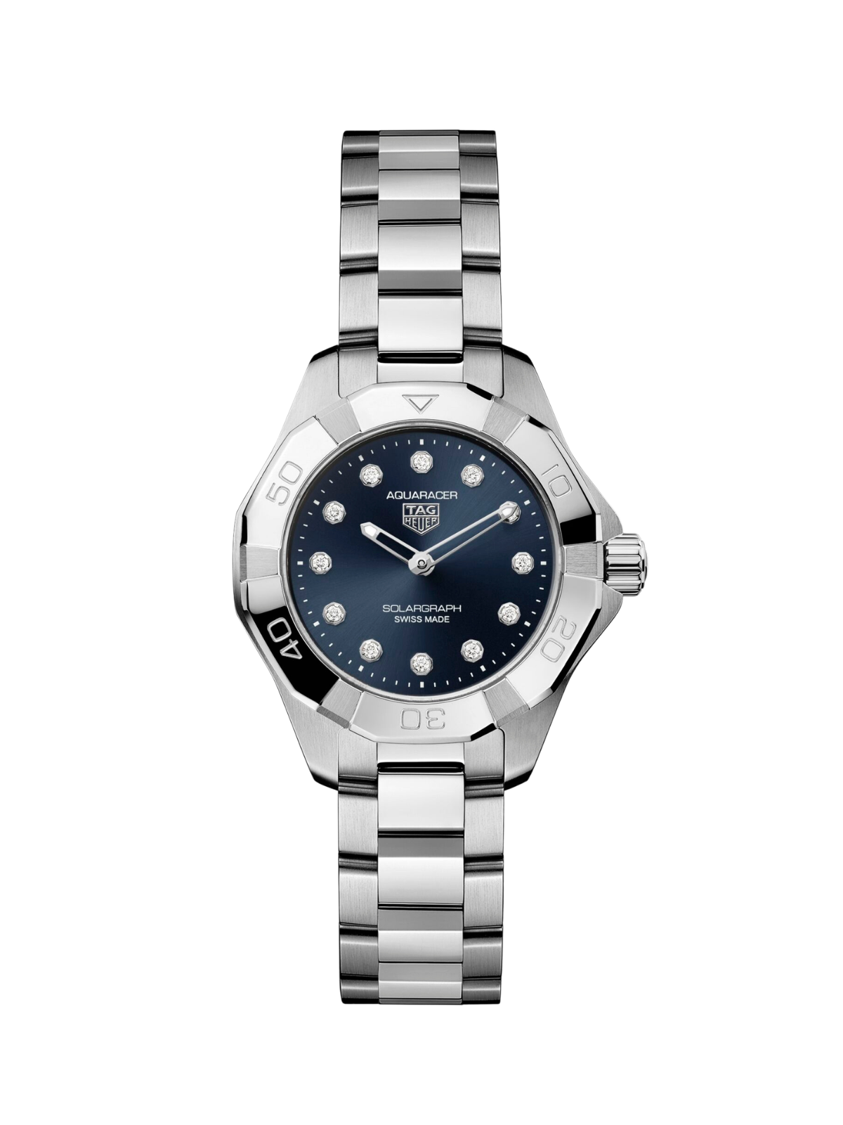 TAG Heuer Aquaracer watch with steel bracelet and blue, diamond-set, dial on a white background.