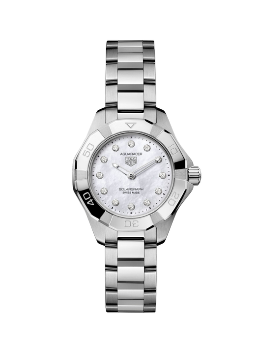TAG Heuer Aquaracer watch with steel bracelet and mother of pearl dial on a white background.
