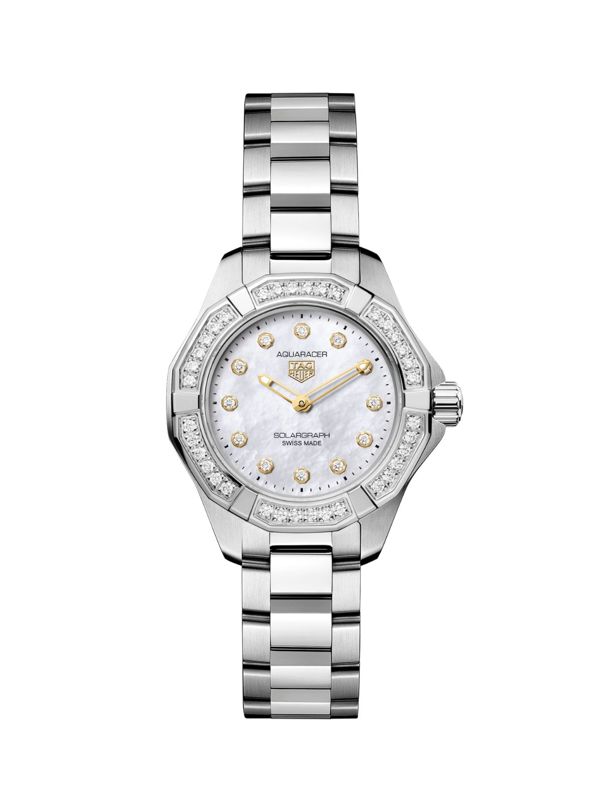 TAG Heuer Aquaracer watch with diamond-set bezel, mother of pearl dial and steel bracelet on a white background.