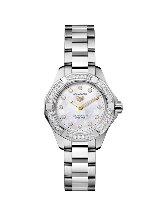 TAG Heuer Aquaracer watch with diamond-set bezel, mother of pearl dial and steel bracelet on a white background.