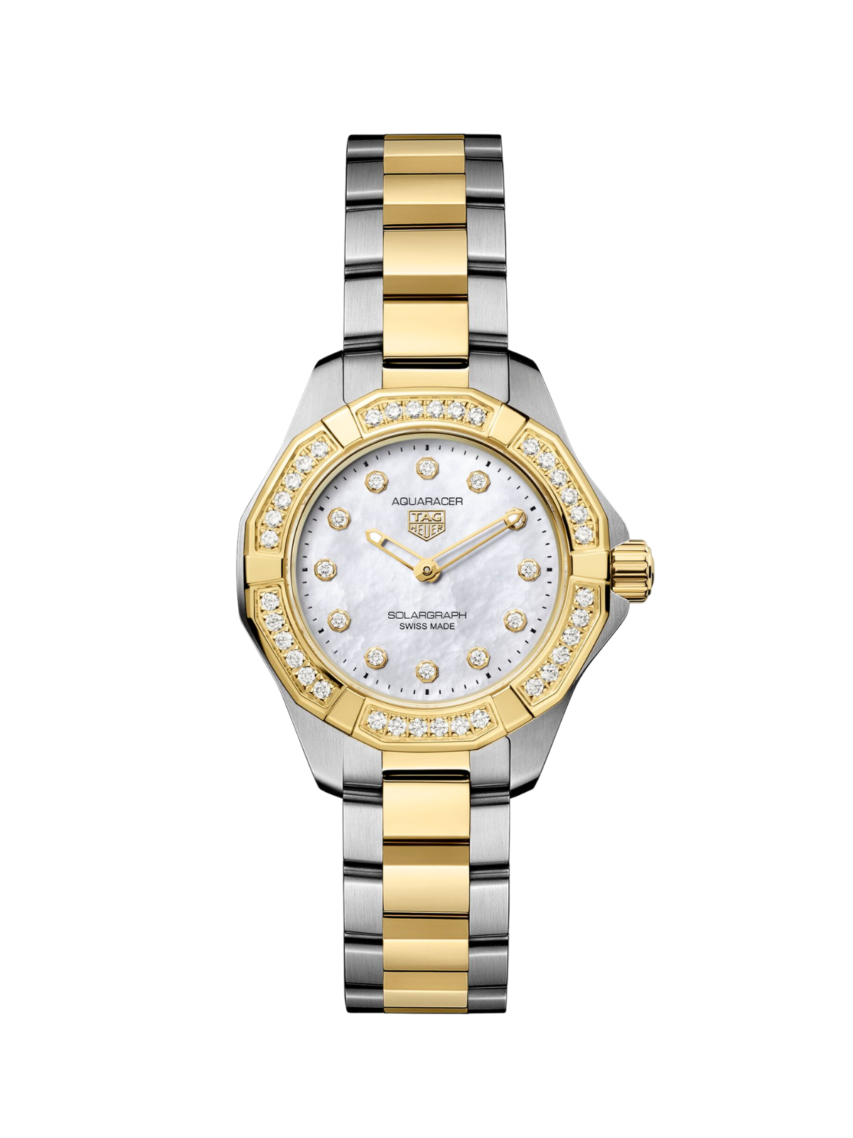 TAG Heuer Aquaracer 28mm with steel & yellow gold plated bracelet, diamond bezel and mother of pearl, diamond-set dial on a white background.