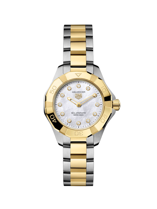 TAG Heuer Aquaracer with steel & yellow gold plated bracelet and mother of pearl, diamond-set dial on a white background.