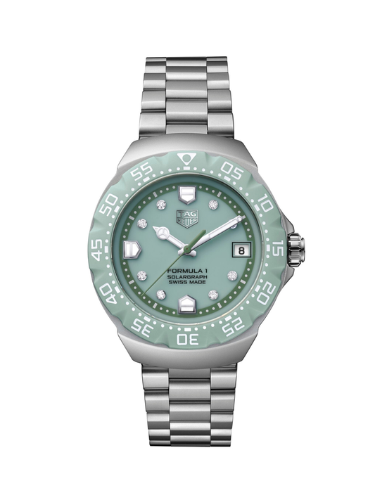 TAG Heuer Formula 1 Solargraph watch with a steel bracelet and pastel green dial on a white background.