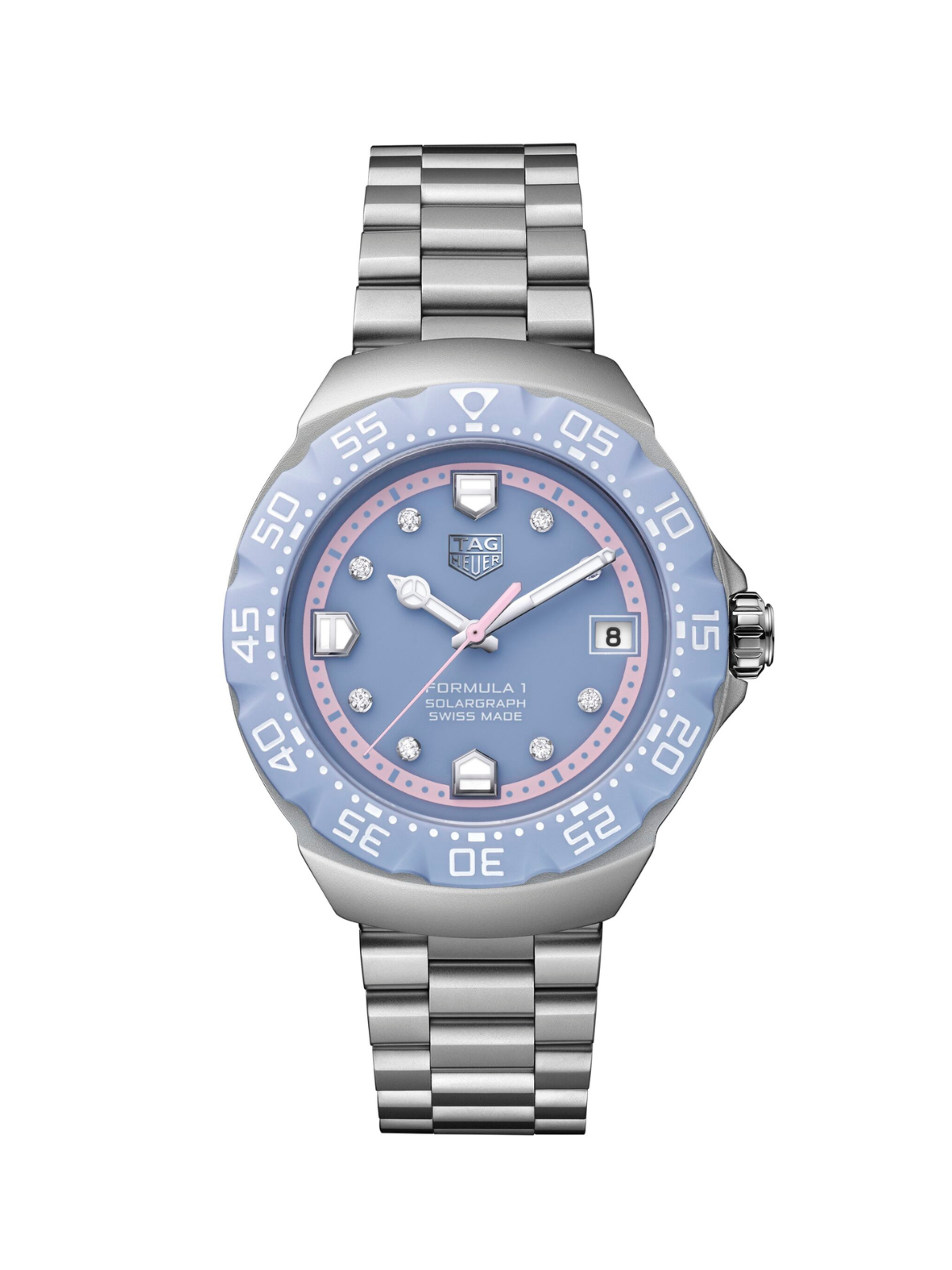 TAG Heuer Formula 1 Solargraph with steel bracelet and pastel blue dial on a white background.