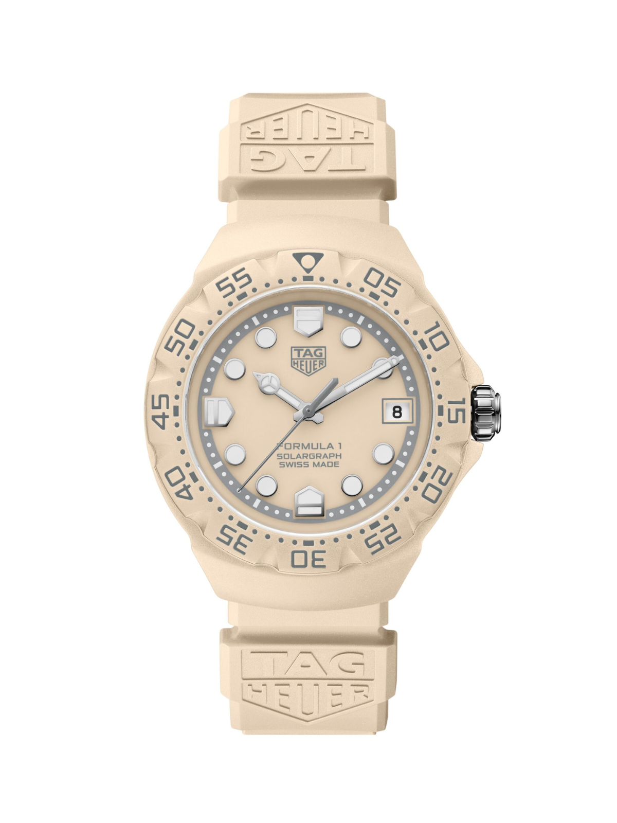 TAG Heuer Formula 1 watch with pastel beige case, rubber strap and dial, on a white background.
