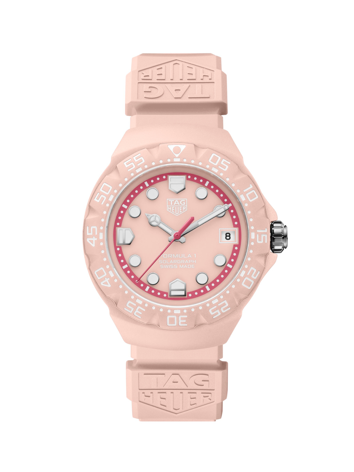 TAG Heuer Formula 1 watch with pastel blue case, rubber strap and dial, on a white background.