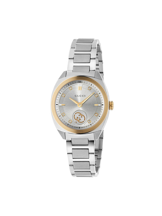Gucci Interlocking watch with 29mm stainless steel & rose gold plated case, steel bracelet & silver dial on a white background.
