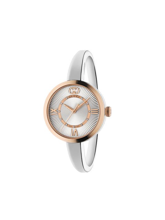 Gucci Model 2000 with 30mm rose gold plated case, bangle-style bracelet and silver dial on a white background.
