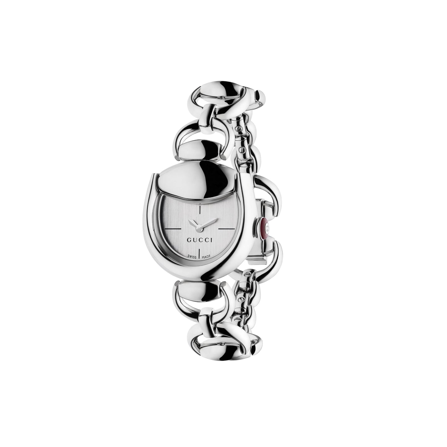 Gucci Horsebit watch with steel bracelet and silver dial on a white background.