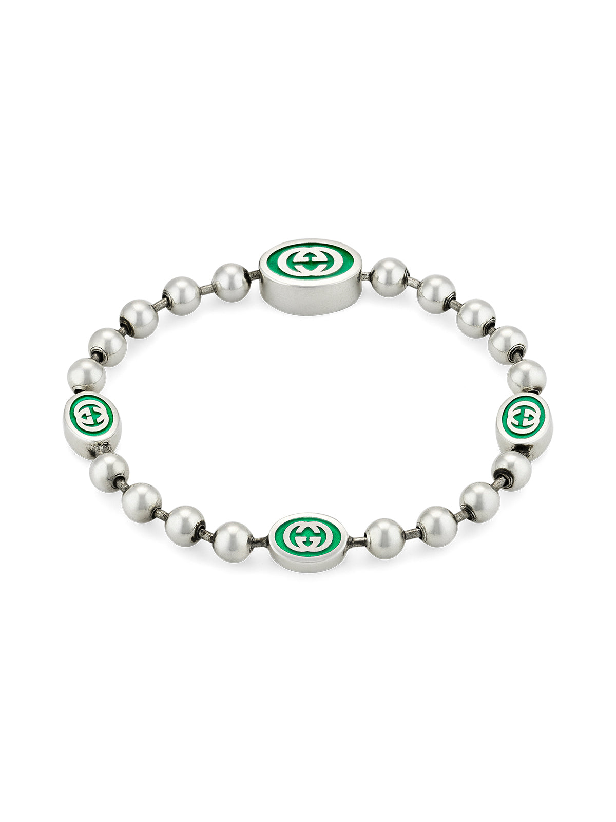 Gucci Interlocking Silver & Green Enamel Boule Bracelet 17cm