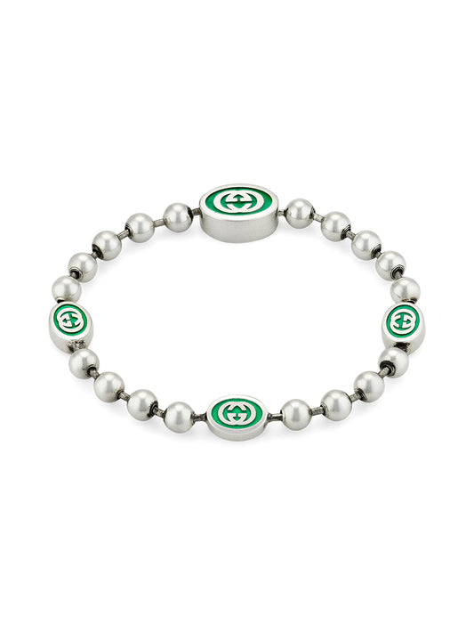 Gucci Interlocking Silver & Green Enamel Boule Bracelet 17cm