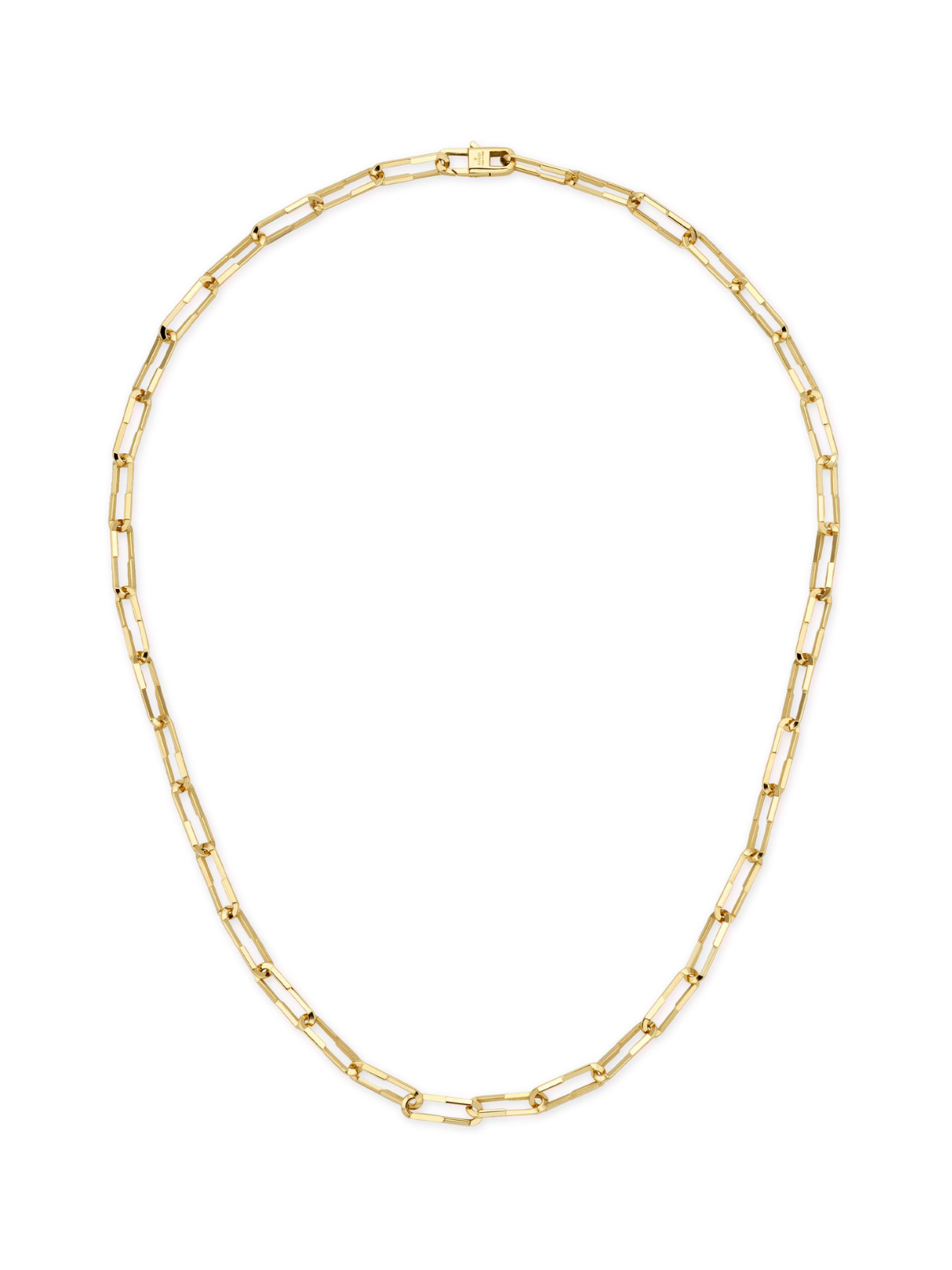 Gucci Link to Love yellow gold chain necklace on a white background.