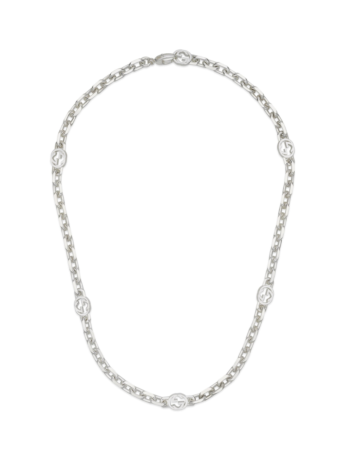 Gucci Interlocking silver chain necklace on a white background.