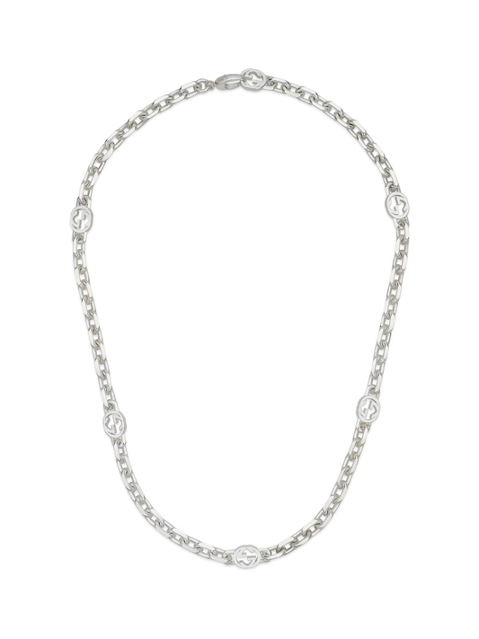 Gucci Interlocking silver chain necklace on a white background.
