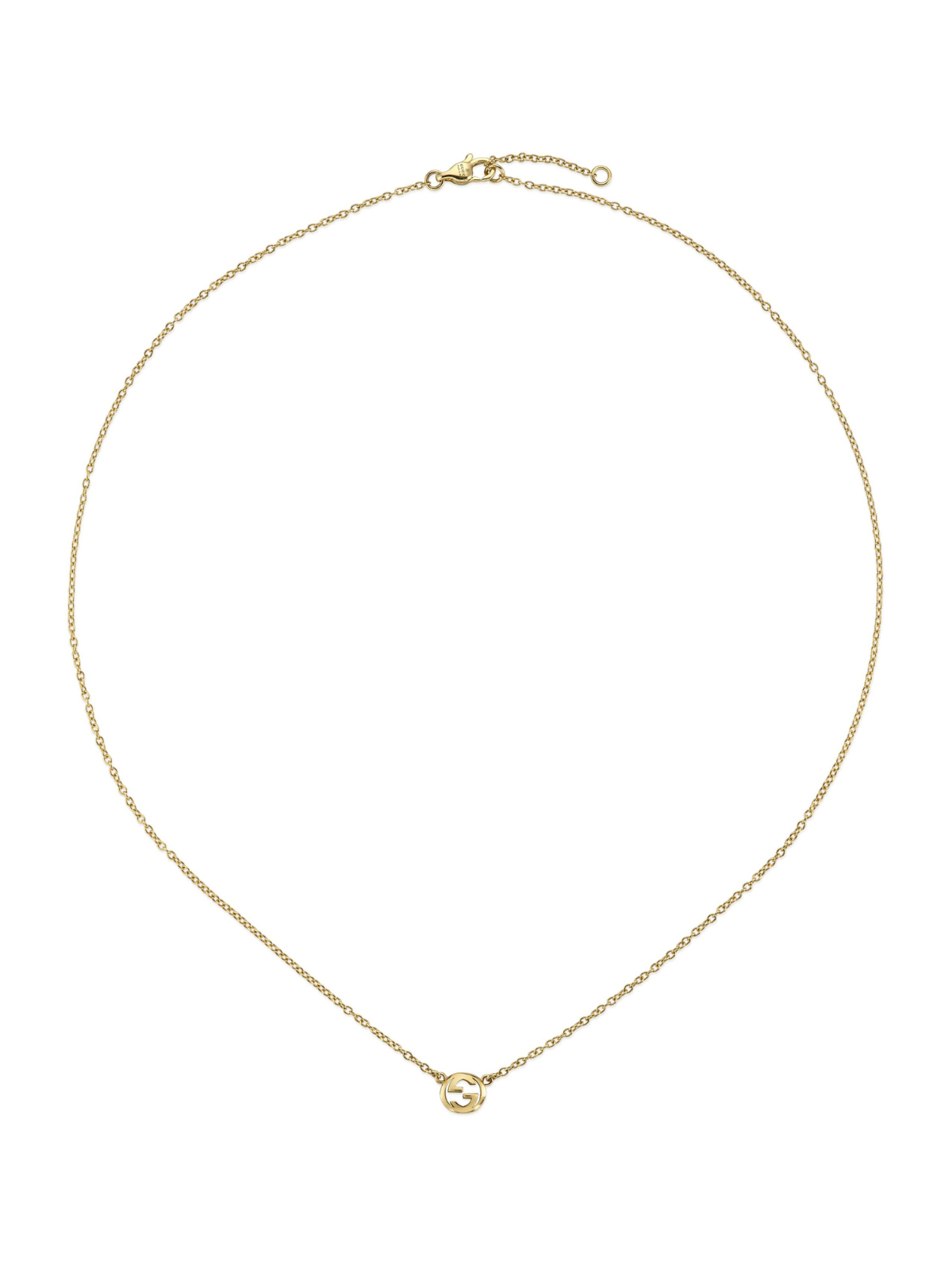 Gucci Interlocking yellow gold necklace on a white background.