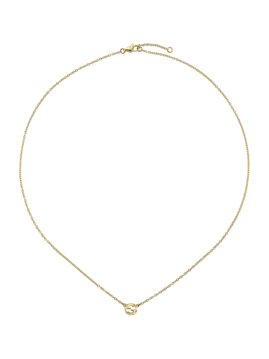 Gucci Interlocking yellow gold necklace on a white background.