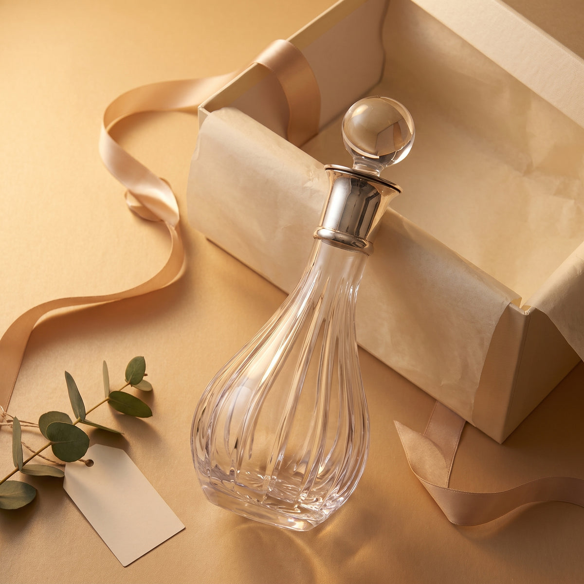 Crystal Decanter with Linear Cut Detail & Silver Collar