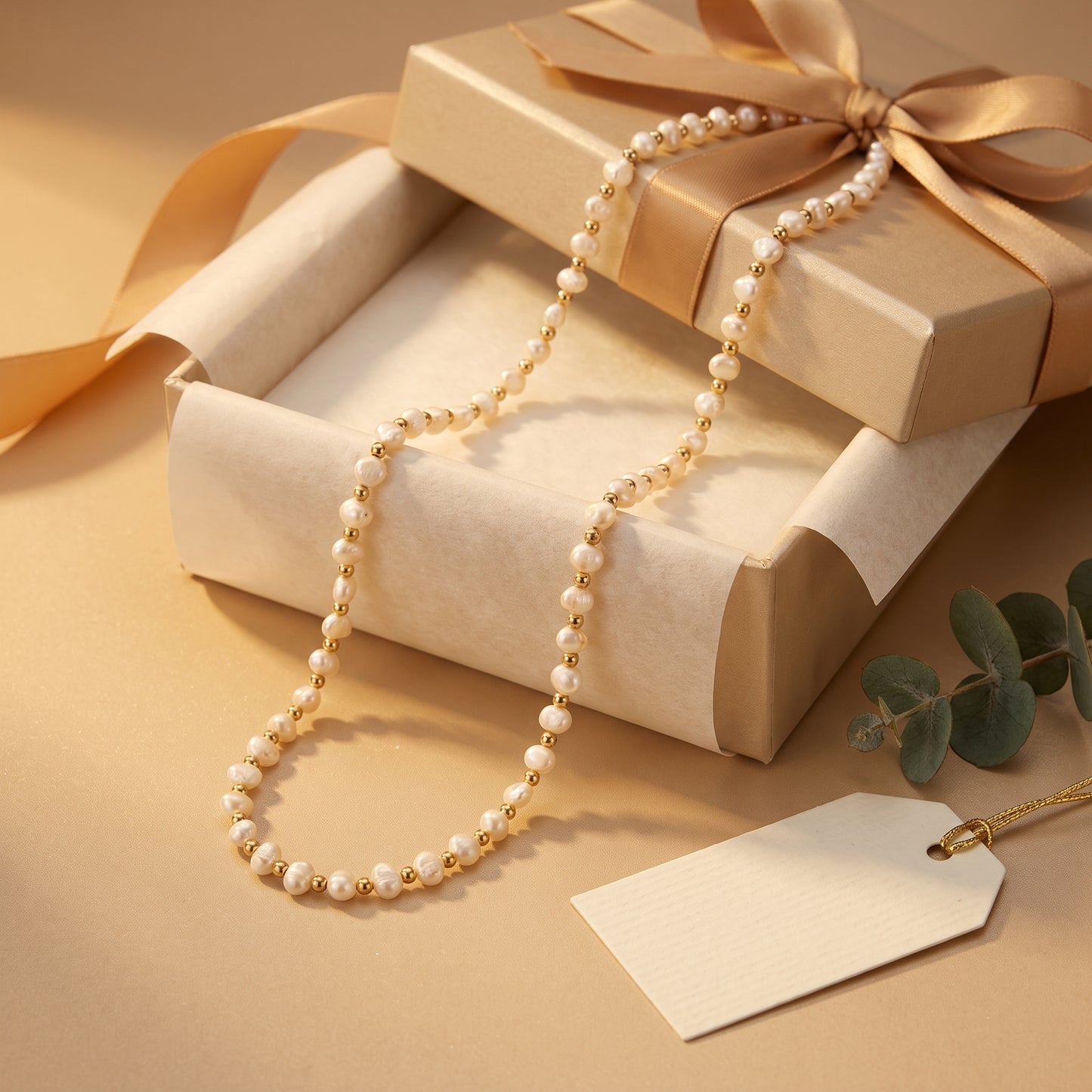 Pre-Owned 16" Single Row of Freshwater Pearls with Gold Beads