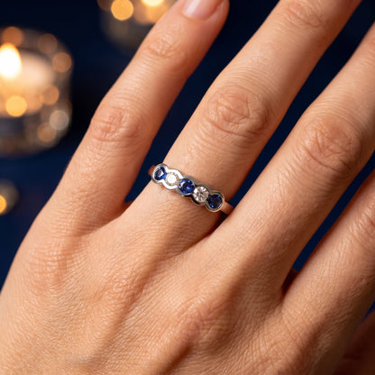 Sapphire & Diamond 5 Stone Ring with 0.12ct of Round Brilliant Diamonds in 9ct White Gold