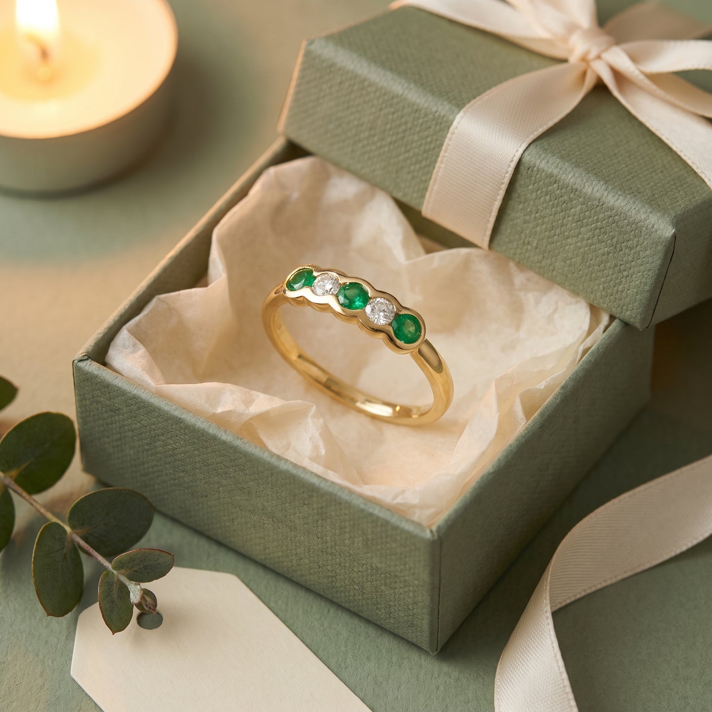 Emerald and Diamond 5 Stone Ring in 9ct Yellow Gold