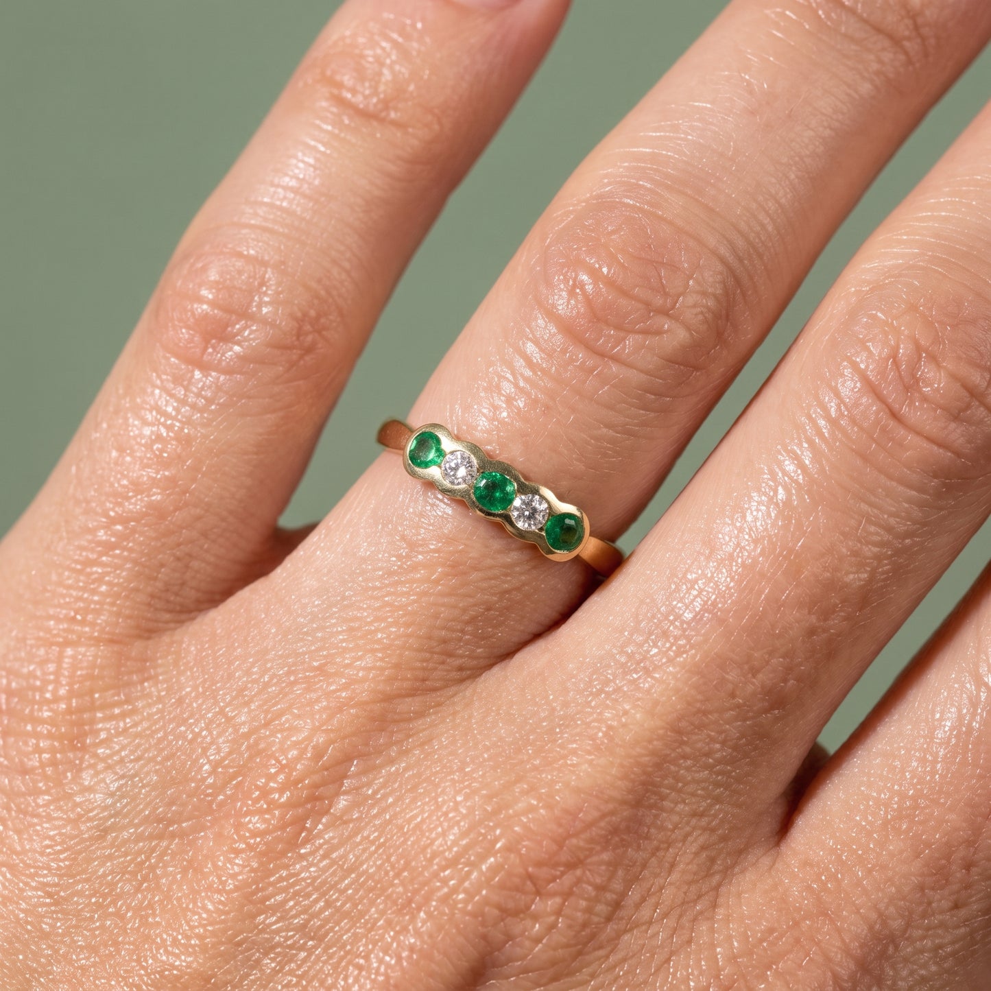 Emerald and Diamond 5 Stone Ring in 9ct Yellow Gold