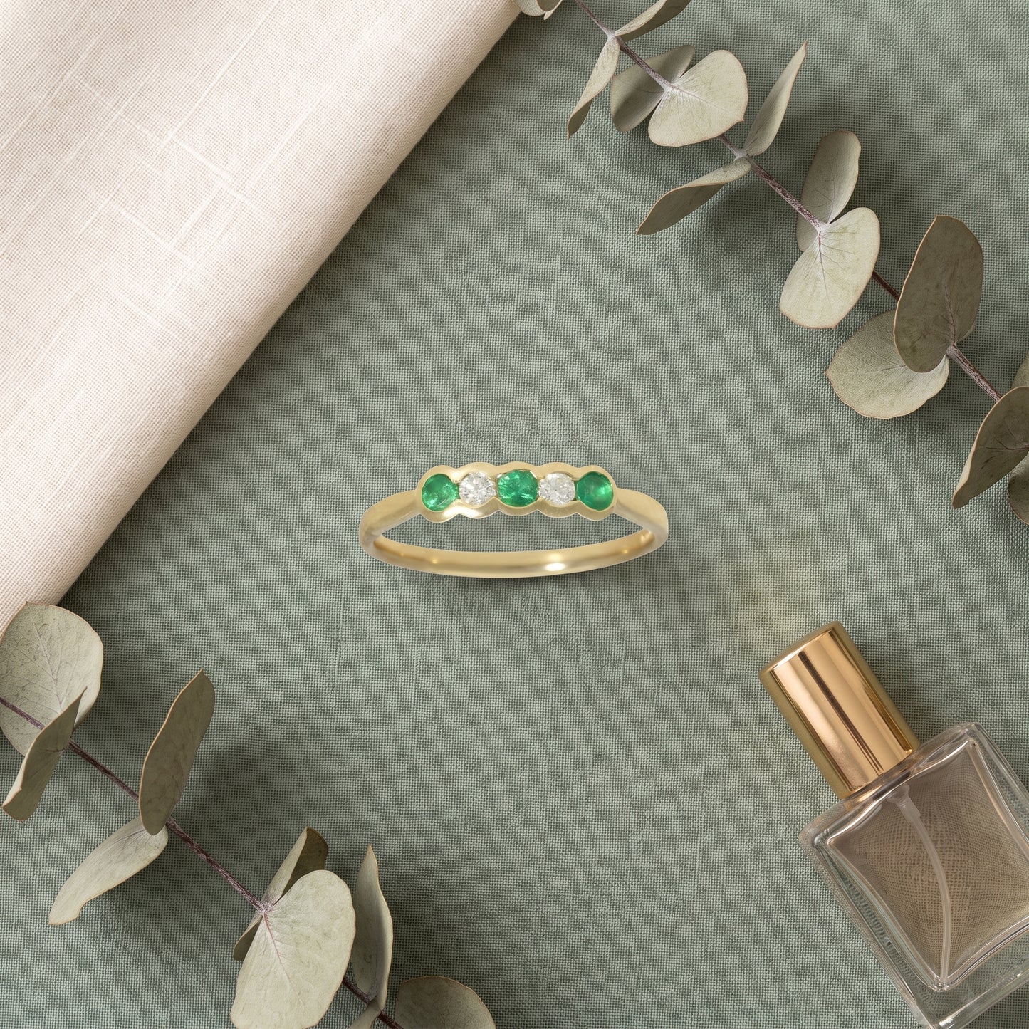 Emerald and Diamond 5 Stone Ring in 9ct Yellow Gold