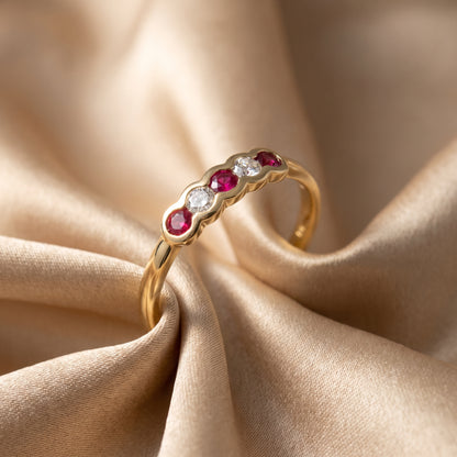 Ruby & Diamond 5 Stone Ring with 0.12ct of Round Brilliant Diamonds in 9ct Yellow Gold