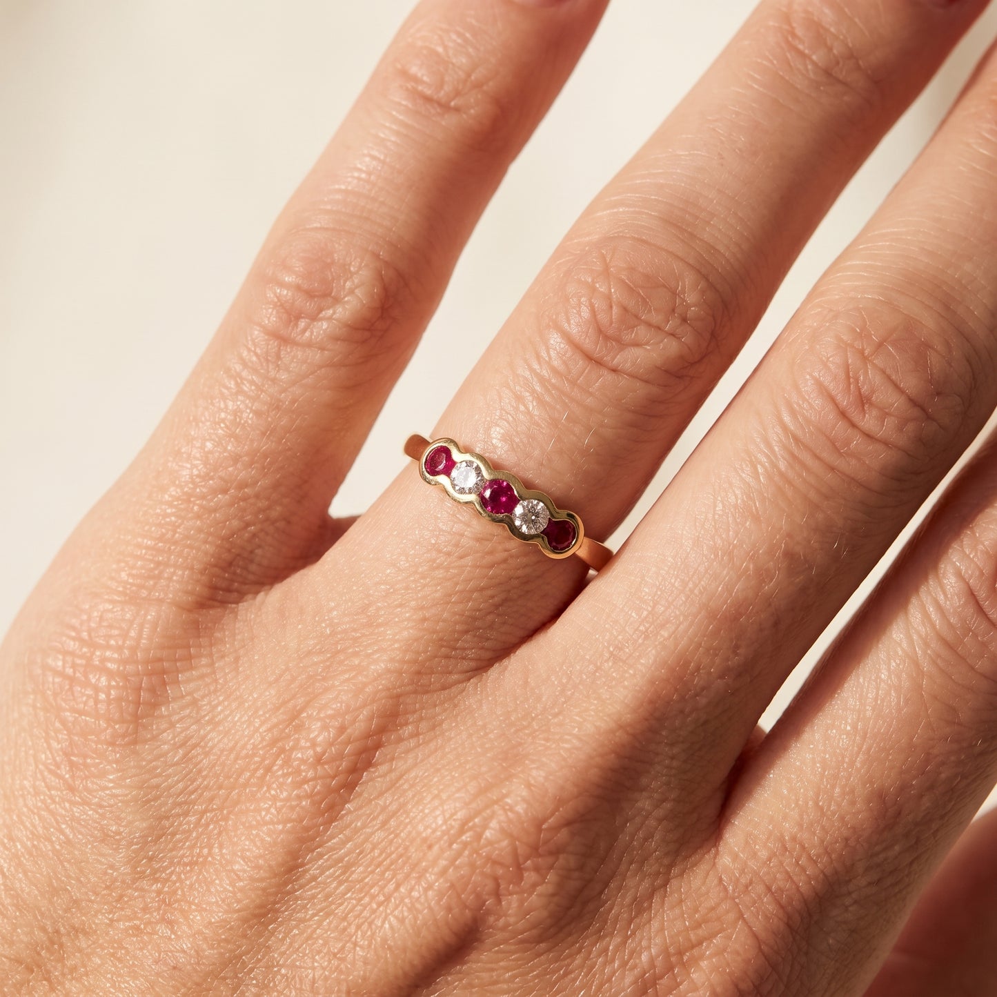 Ruby & Diamond 5 Stone Ring with 0.12ct of Round Brilliant Diamonds in 9ct Yellow Gold