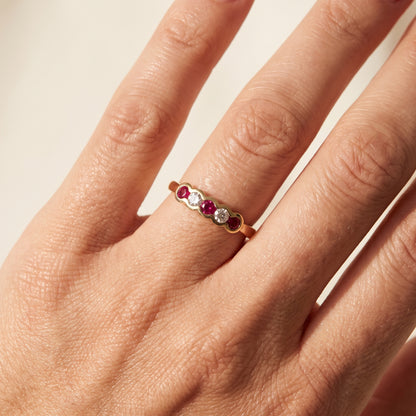 Ruby & Diamond 5 Stone Ring with 0.12ct of Round Brilliant Diamonds in 9ct Yellow Gold