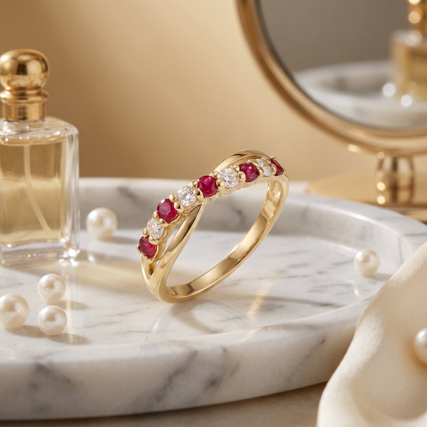 Ruby & Diamond Crossover Half Eternity Ring with 0.22ct of Round Brilliant Diamonds in 9ct Yellow Gold