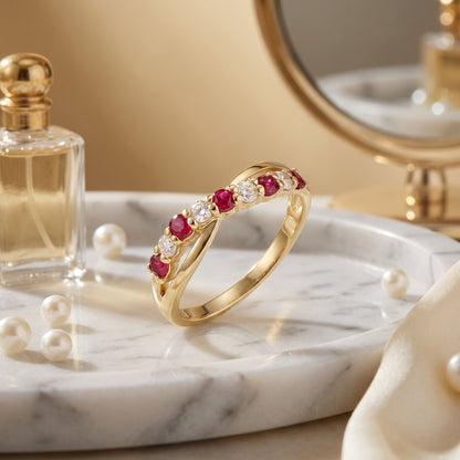 Ruby & Diamond Crossover Half Eternity Ring with 0.22ct of Round Brilliant Diamonds in 9ct Yellow Gold
