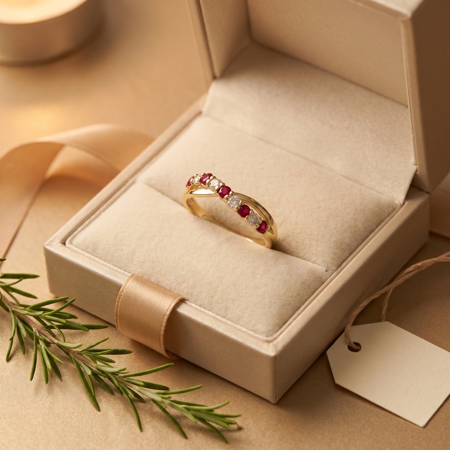 Ruby & Diamond Crossover Half Eternity Ring with 0.22ct of Round Brilliant Diamonds in 9ct Yellow Gold
